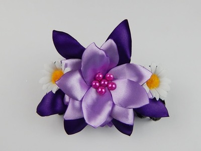 Hair barrette with purple lilac ribbon flowers and white silk flowers DIY Haarklammer