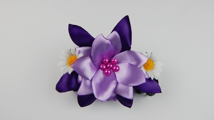 Hair barrette with purple lilac ribbon flowers and white silk flowers DIY Haarklammer