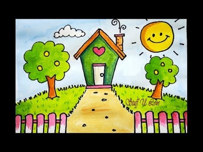 Cute cartoon house & scenery drawing easy step by step tutorial for kids