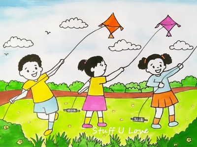 Makar Sankranti Festival easy kids flying kites scenary drawing for kids