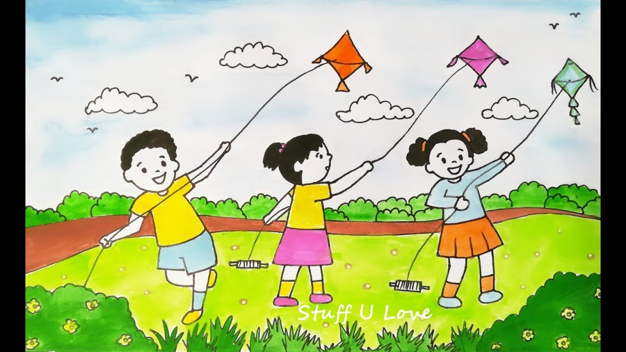 Makar Sankranti Festival easy kids flying kites scenary drawing for kids