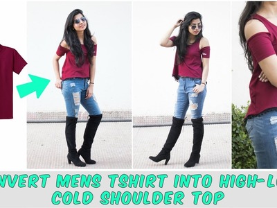 Convert Tshirt Into High low Cold Shoulder Top in 10 minutes