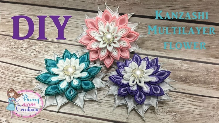 DIY Kanzashi Multilayer Petal. Kanzashi Hair Clip. Ribbon Flower Tutorial
