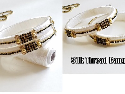 How to make silk thread bangles||beautiful silk thread white&black bangles||stone bangles