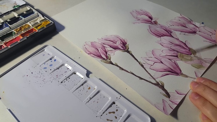 Watercolor painting of magnolia and bird