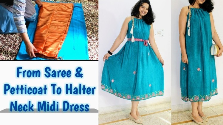Halter Neck Dress From Saree-petticoat. Valentine Dress.Diy No Pattern Easy sew Dress