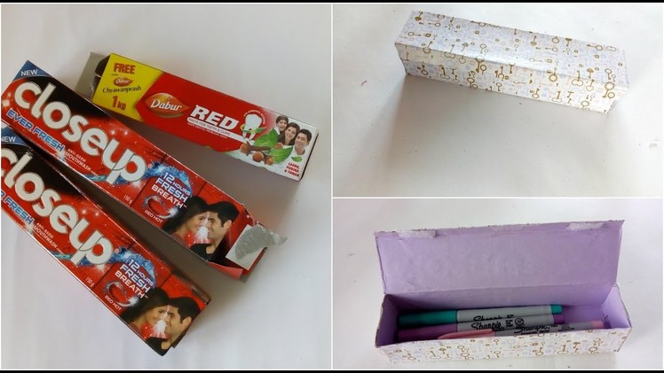 TOOTHPASTE BOX CRAFT || PENCIL CASE USING TOOTHPASTE COVER || Recycled Craft |