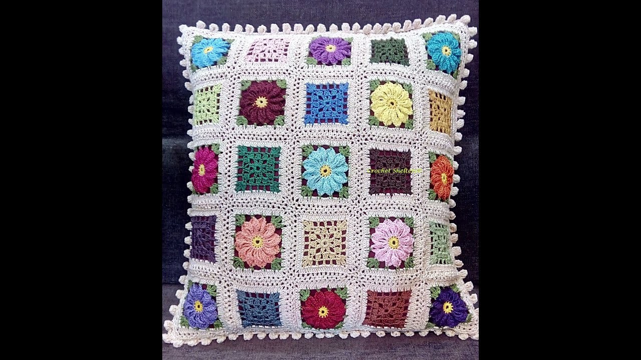 Crochet Cushion Cover with Floral & Lacy Granny Squares #1