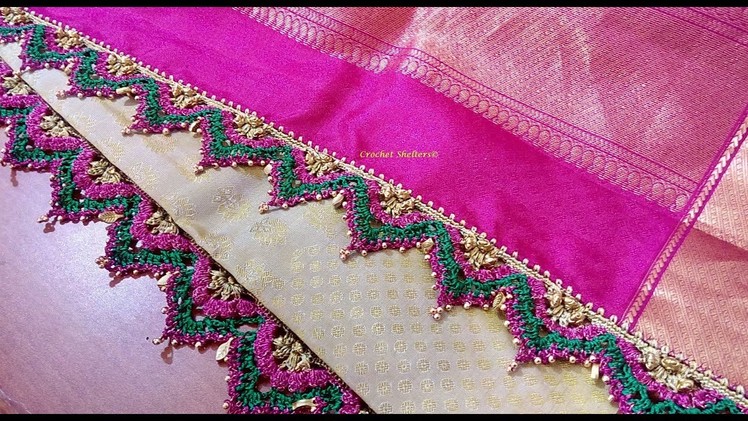 Crochet saree kuchu flower arch V-shape with beads. Krosha saree tassels #4