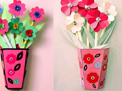 Paper flower wall hanging - Simple Paper flower and cardboard vase - Wall Decoration ideas