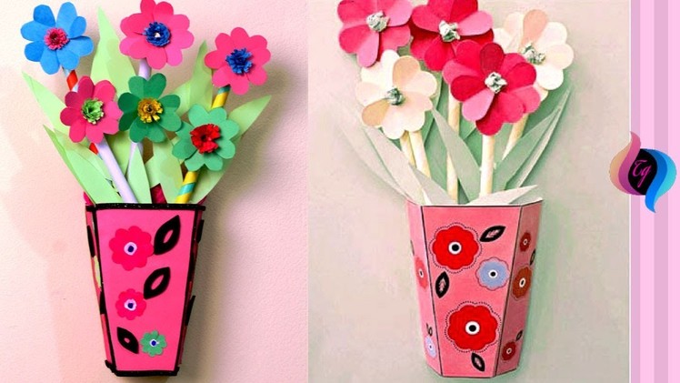 Paper flower wall hanging - Simple Paper flower and cardboard vase - Wall Decoration ideas