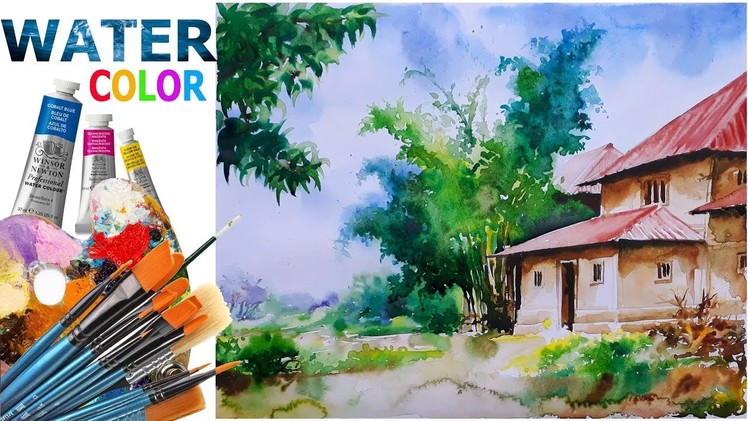 Watercolor village landscape painting tutorial