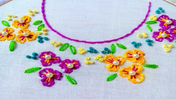 Hand embroidery. Neck design for dresses and blouses. Hand embroidery stitches.