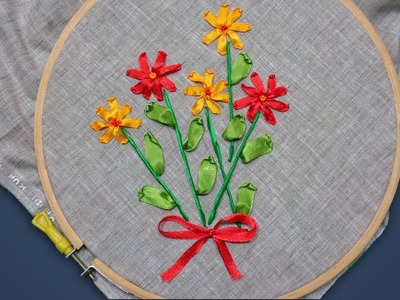 Ribbon Flowers Hand Embroidery Designs for Cushion Cover | Embroidery Stitch for Beginners