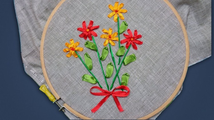 Ribbon Flowers Hand Embroidery Designs for Cushion Cover | Embroidery Stitch for Beginners