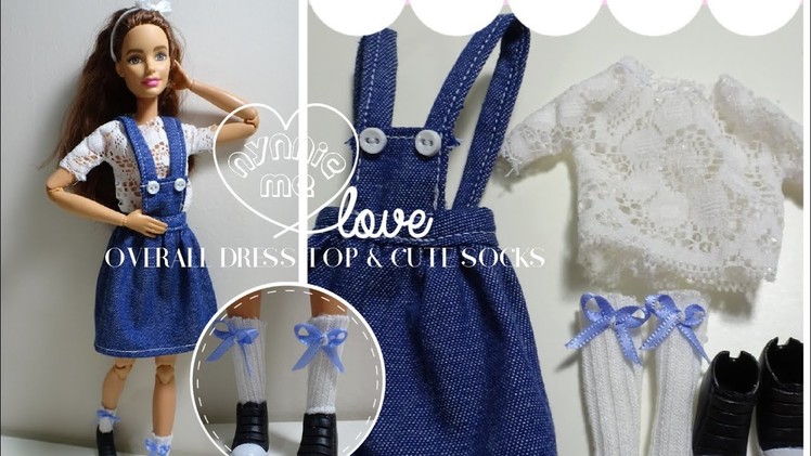 DIY How to make ; Jean overall dress , white lace top and cute socks for dolls. | nynnie me