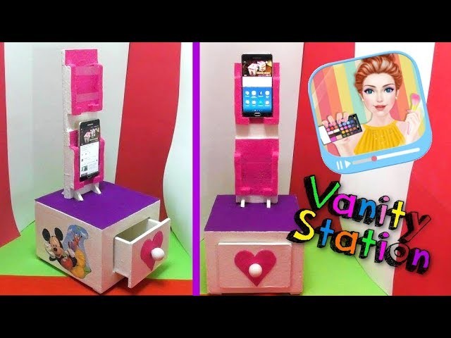 DIY vanity station for video makeup tutorials with carton boxes