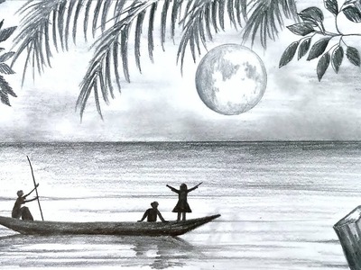 How to draw scenery of Moonlight night scene with pencil sketch step by step (easy drawing video)