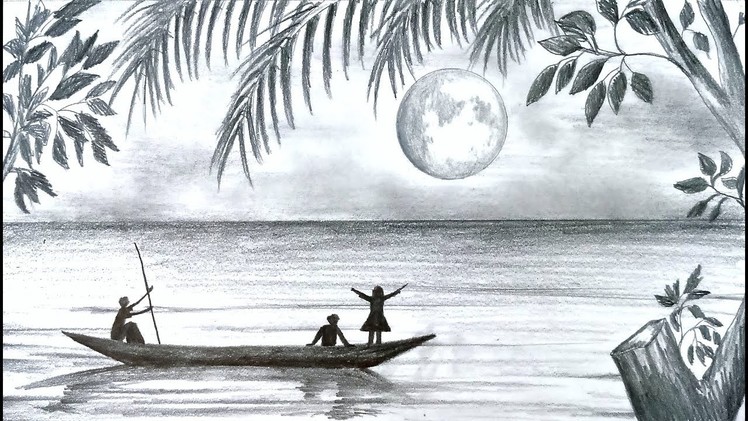 How to draw scenery of Moonlight night scene with pencil sketch step by step (easy drawing video)