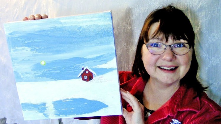 How to Paint a Little Red House in Snow, Fluid Acrylic Poured Painting
