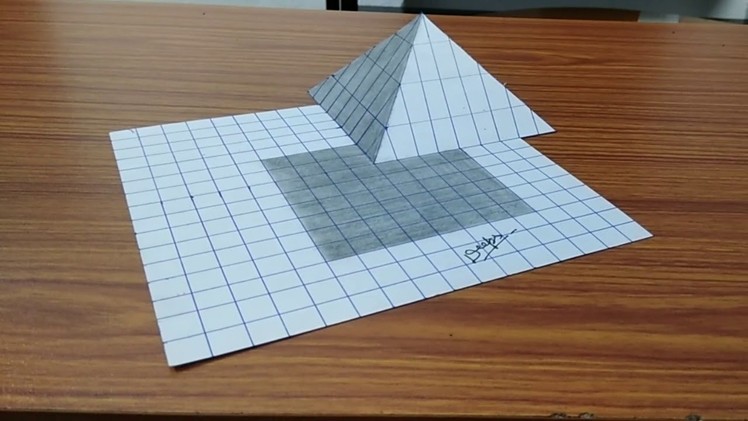 3D Trick Art on Line Paper Floating Pyramid- Anamorphic illusion- Draw step by step