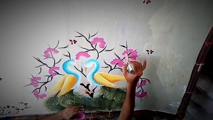 Free hand Fabric painting in cotton saree