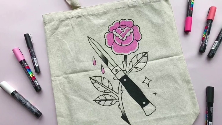 Switchblade & Rose Hand Painted Tote Bag with POSCA Paint Pens \\ tinybunnybones