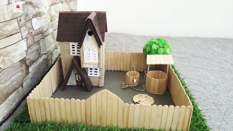 Beautiful Cardboard  House with Cute Well -  Dream house.  Dollhouse. Miniature Crafts