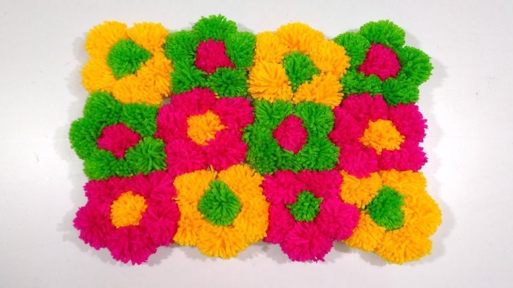 DIY - Beautiful door mat and  Floor mat with  woolen flowers easy doormat diy pom pom blanket