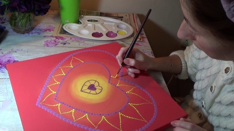 Dot painting mandala "Fiery heart". Acrylic Painting. Process from beginning to end.