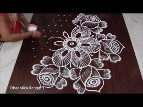 Easy rose flowers rangoli design - simple creative flowers kolam with dot 11*6 - rose buds muggulu