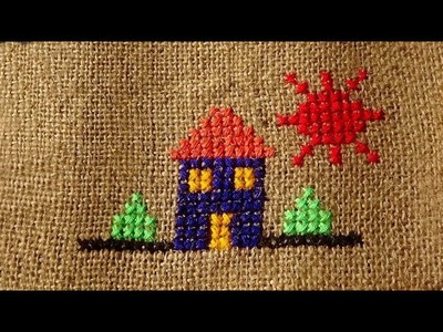 Hand Stitch -  Cross Stitch On Jute Mate ( Hut Pattern )