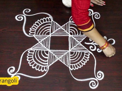 Kolam designs with 4x2 straight dots | easy rangoli designs for pongal | chukkala muggulu designs