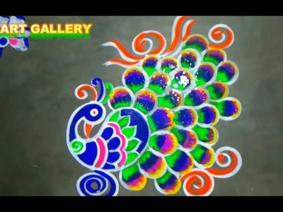 Wowwww Beautiful multicolour Peaock Rangoli designs | Easy Peacock Kolam designs