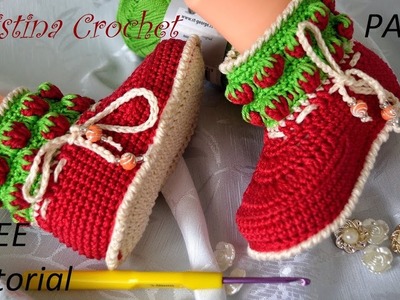 Crochet baby shoes with strawberries PART 1 Tutorial with PATTERN Heklane čizmice za bebe 1. deo