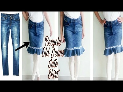 DIY CONVERT OLD JEANS INTO SKIRT IN 10 MINUTES~
