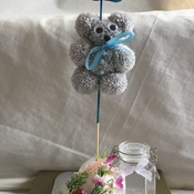 Hand crafted pom pom teddy bear and age cake topper