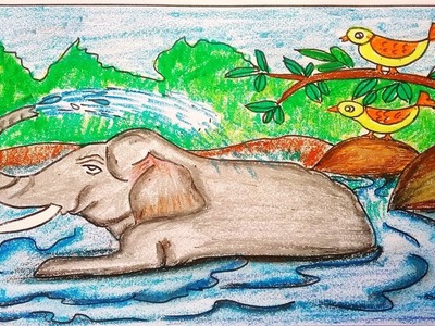 How to draw a landscape scenery of lake and elephant. river scenery drawing elephant bath