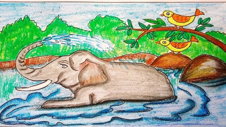 How to draw a landscape scenery of lake and elephant. river scenery drawing elephant bath