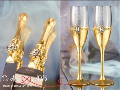 Royal Gold Wedding Set: Champagne Glasses & Set for Cake for Bride and Groom