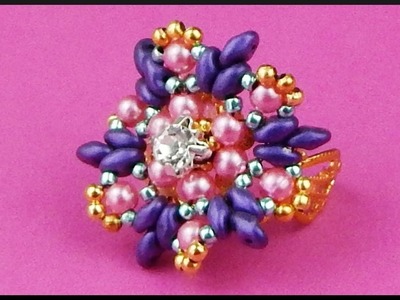 DIY | Perlen Ring | Schmuck basteln | Beaded twin beads ring with rhinestone | Beadwork jewelry