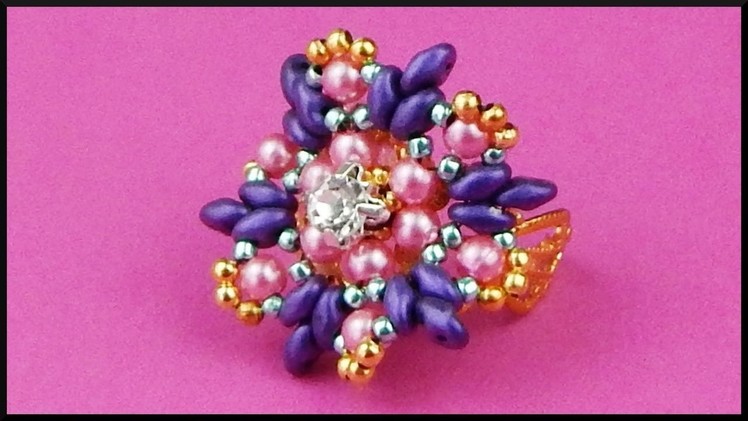 DIY | Perlen Ring | Schmuck basteln | Beaded twin beads ring with rhinestone | Beadwork jewelry