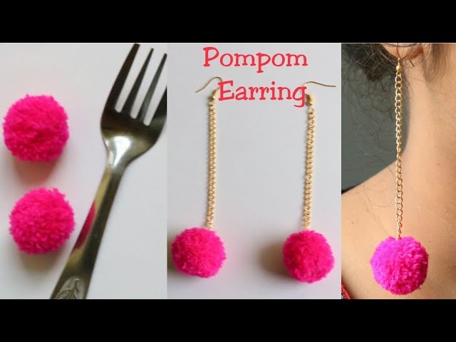 DIY.Pom pom earrings.Pom pom dangle earring.Making pompom with chain earring.Pom pom.Pink color