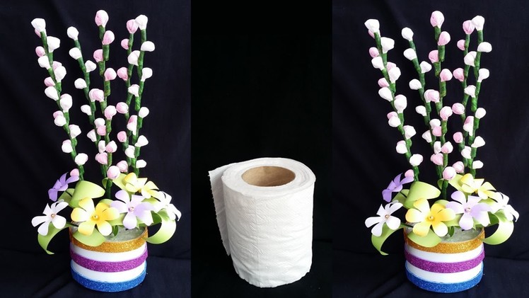 DIY: Tissue Paper Crafts!! How to Make Beautiful Flower Stick with Toilet Paper for Home  Decoration