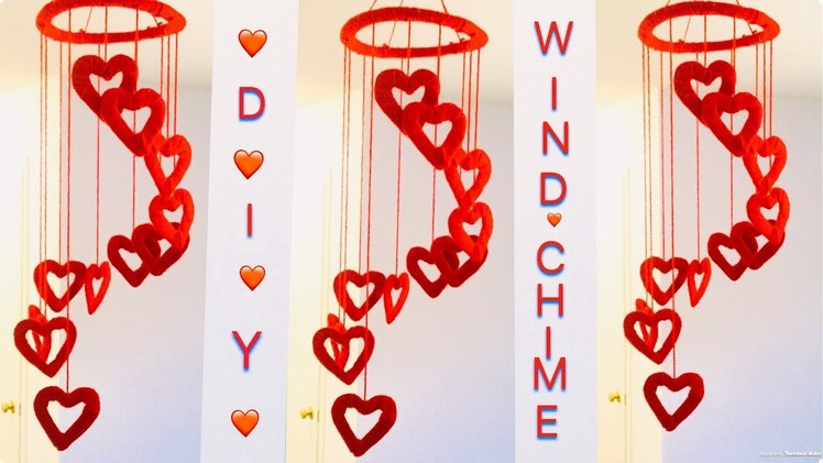 Diy wind chime || heart shapes wall hanging using woolen. Woolen room decor idea.