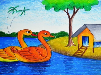 How to draw Scenery of Ducks in a Pond, Easy Ducks drawing