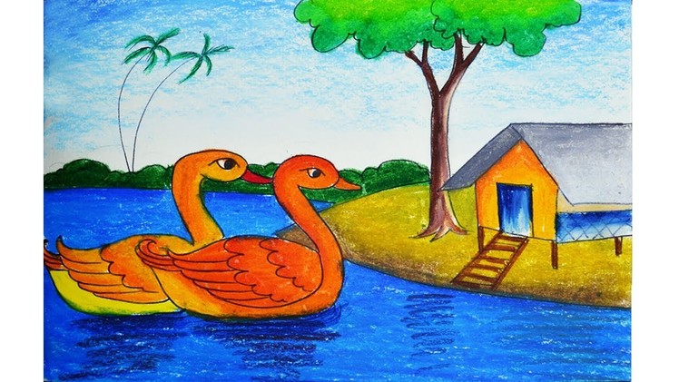 How to draw Scenery of Ducks in a Pond, Easy Ducks drawing