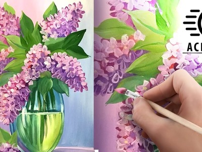 TIMELAPSE How to paint LILAC flower bouquet with Acrylic! Tutorial for Beginners! EASY