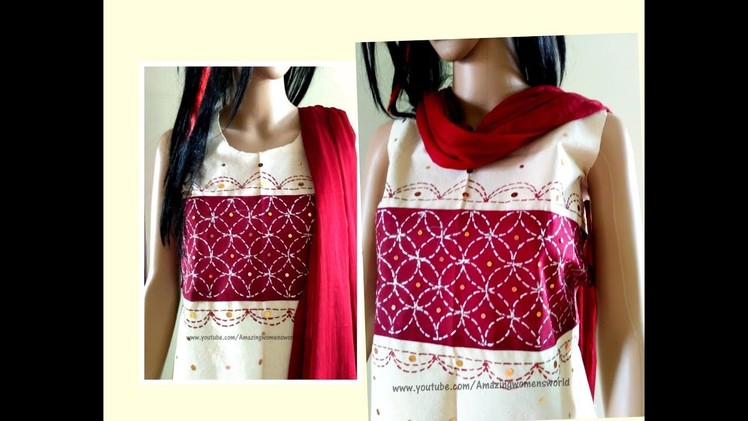 Kantha Embroidery||Running Stitch Basic Pattern-1-Designing Churidar.Kurti.Blouse|Liquid Embroidery