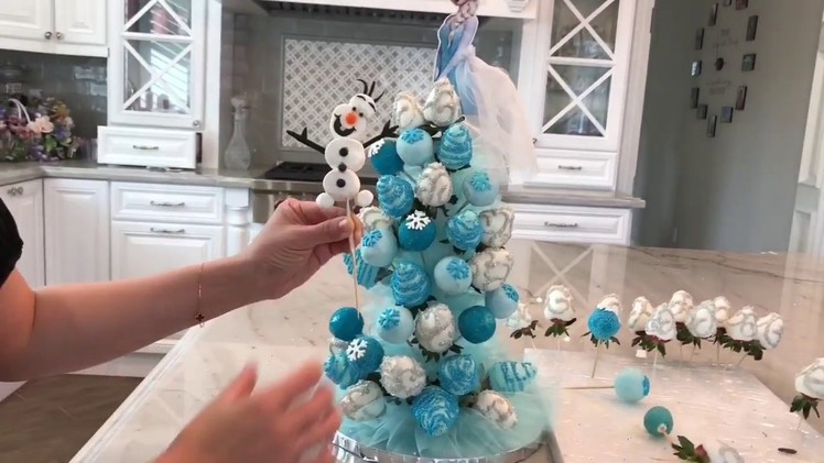 Disney Elsa Chocolate covered Strawberry cake pop Tower for birthday party